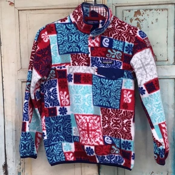 Patagonia Woman XXS Patchwork Synchilla Snap T Fleece Makai Red Blue White - Picture 1 of 6